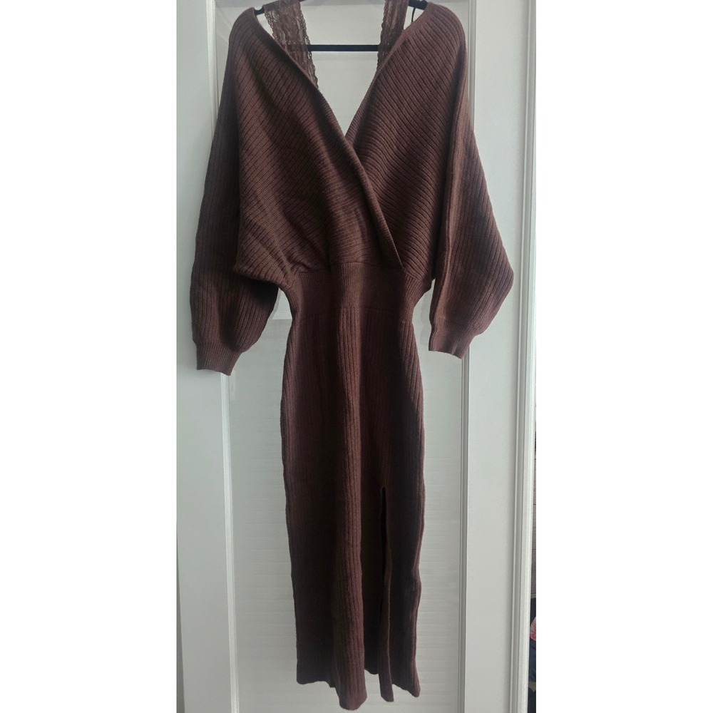 Cider Brown Ribbed Knit Surplice Wrap Midi Sweater Dress Lace Trim 0XL NEW